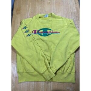 *DISTRESSED VTG Champion Reverse Weave Embroidered Crewneck Yellow Pullover SZ M
